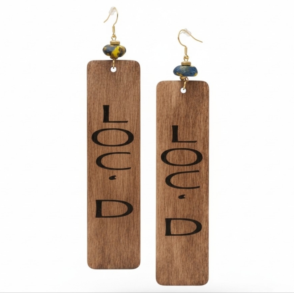 Wood Dangle Earrings with Blue & Yellow Bead